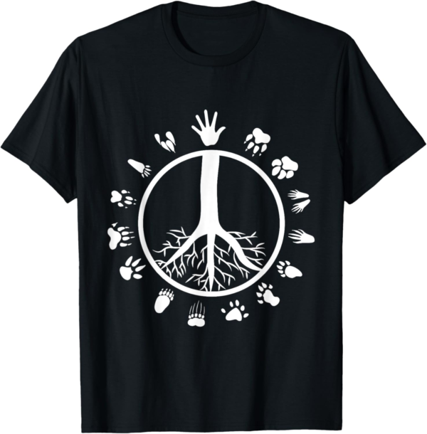 Peace Sign Tree Roots Animal Footprints Vegan T-Shirt - Image 2